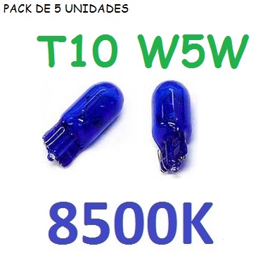 pack de 5 bombilla de posicion para coche o moto azulada 8500k 8000k azul cristal homologada t10 w5w de cuña 